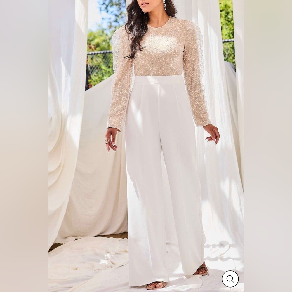 Puff Sleeve Top Pearl Sequin Solid Jumpsuit